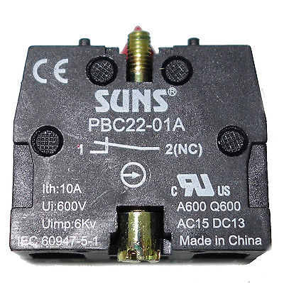 SUNS PBC22-01A Normally Closed 22mm Pushbutton Contact Block NC - Industrial Direct